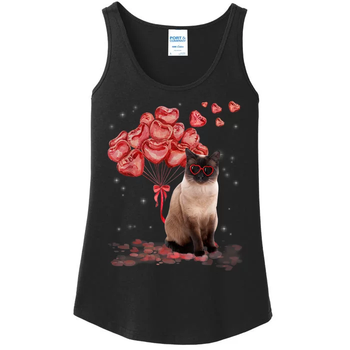 Funny Siamese Heart Valentines Day Cat Dad Mom Gift Ladies Essential Tank