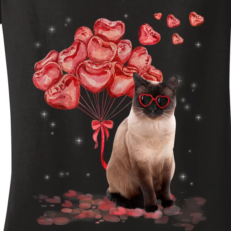 Funny Siamese Heart Valentines Day Cat Dad Mom Gift Women's V-Neck T-Shirt