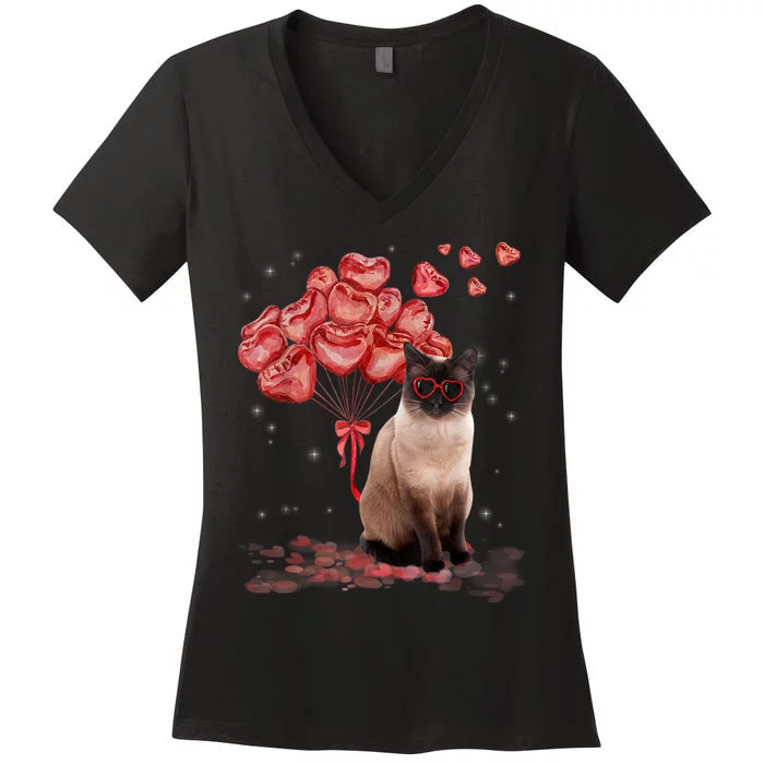 Funny Siamese Heart Valentines Day Cat Dad Mom Gift Women's V-Neck T-Shirt