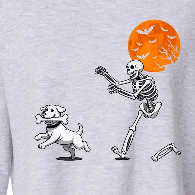 Funny Spooky Humor Halloween Skeleton Chasing Dog Cropped Pullover Crew