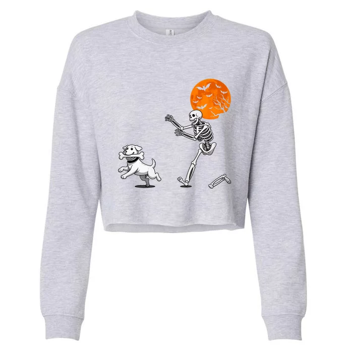 Funny Spooky Humor Halloween Skeleton Chasing Dog Cropped Pullover Crew