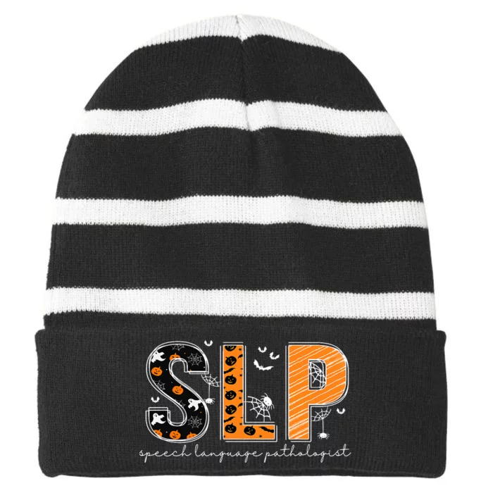 Funny SLP Halloween Costume Pumpkin Fall Skeleton Striped Beanie with Solid Band