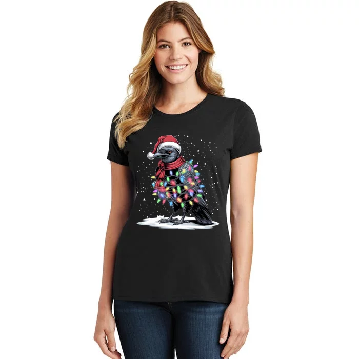 Funny Santa Hat Crow Crow Christmas Tree Lights Women's T-Shirt