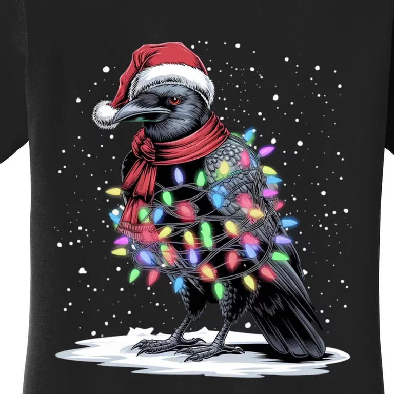 Funny Santa Hat Crow Crow Christmas Tree Lights Women's T-Shirt