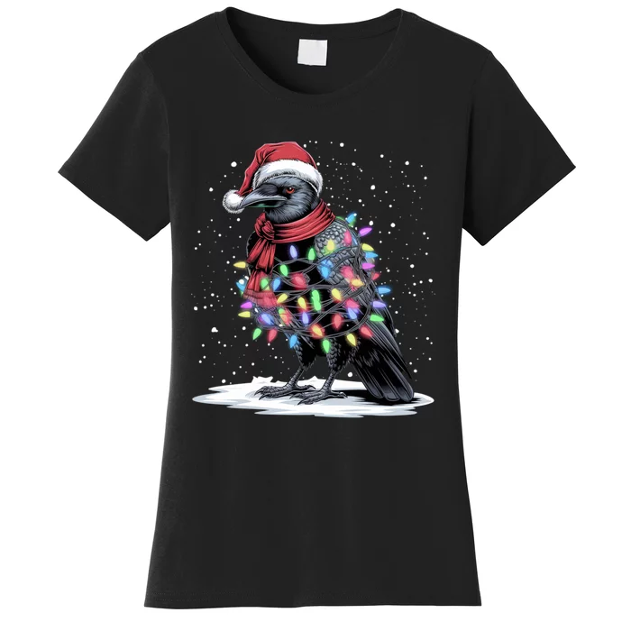 Funny Santa Hat Crow Crow Christmas Tree Lights Women's T-Shirt