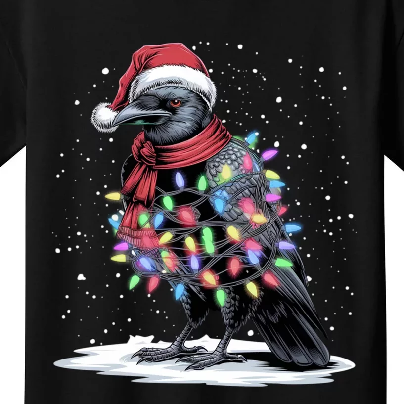 Funny Santa Hat Crow Crow Christmas Tree Lights Kids T-Shirt