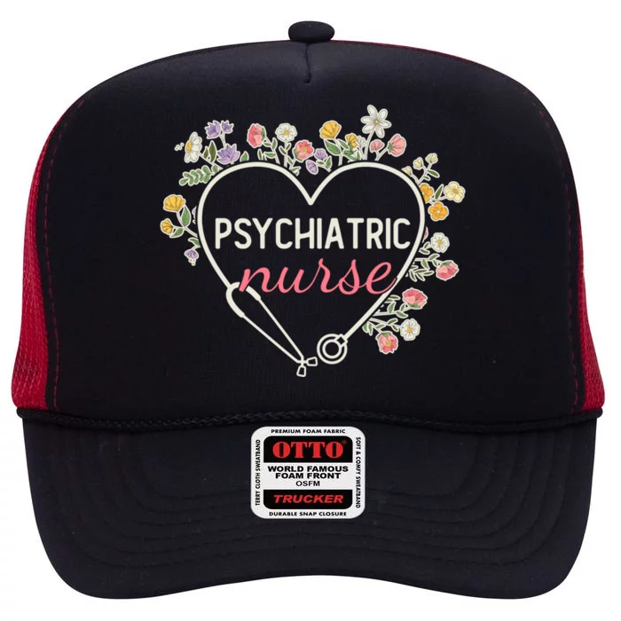 Floral Stethoscope Heart Nursing Psychiatric Nurse Gift High Crown Mesh Trucker Hat