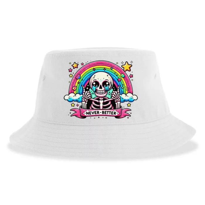 Funny Skeleton Halloween S Never Better Skull Rainbow Sustainable Bucket Hat