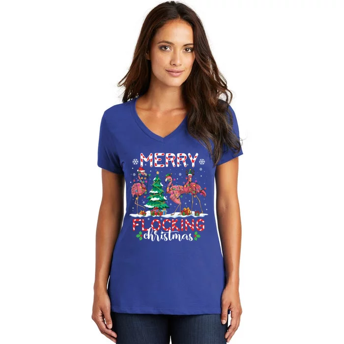 Flamingo Santa Hat Reindeer Xmas Merry Flocking Christmas Meaningful Gift Women's V-Neck T-Shirt