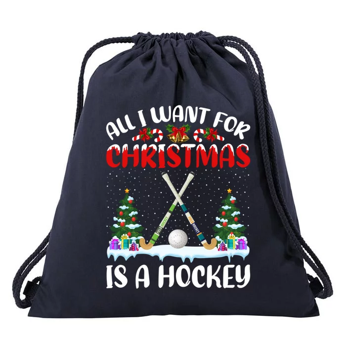 Funny Santa Hat All I Want For Christmas Is A Hockey Gift Drawstring Bag