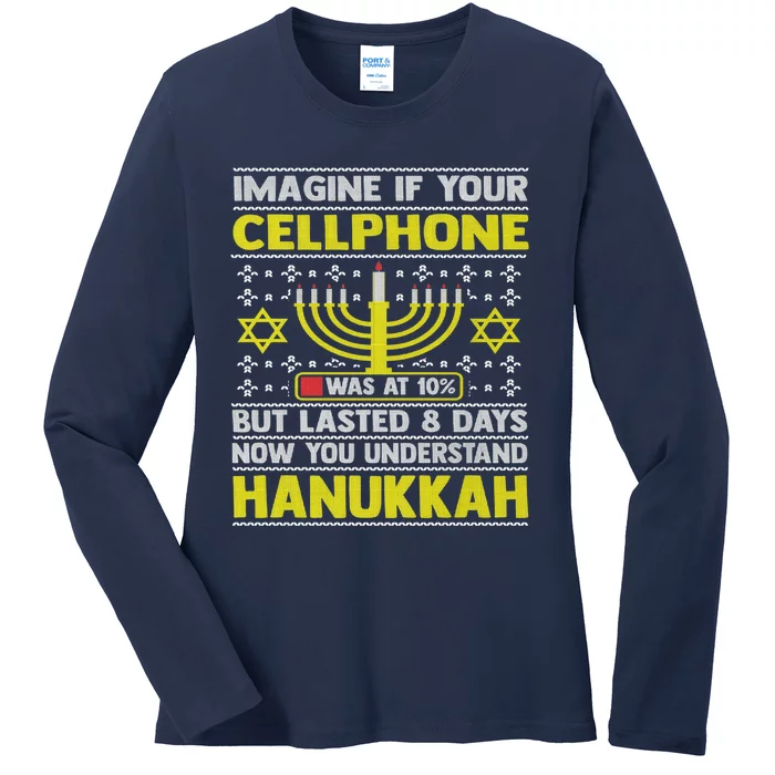 Funny Sarcastic Hanukkah Chanukah Cellphone Ugly Sweater Ladies Long Sleeve Shirt