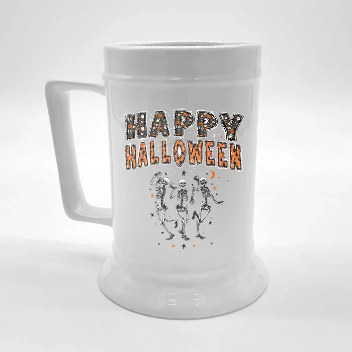 Funny Spooky Happy Halloween Dancing Skeletons Front & Back Beer Stein