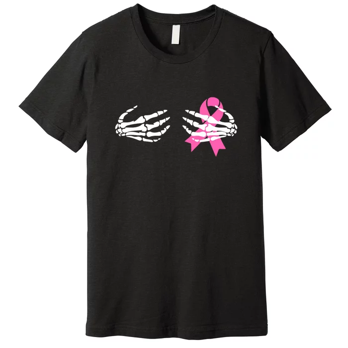 Funny Skeleton Hands Breast Cancer Awareness Pink Ribbon Gift Premium T-Shirt