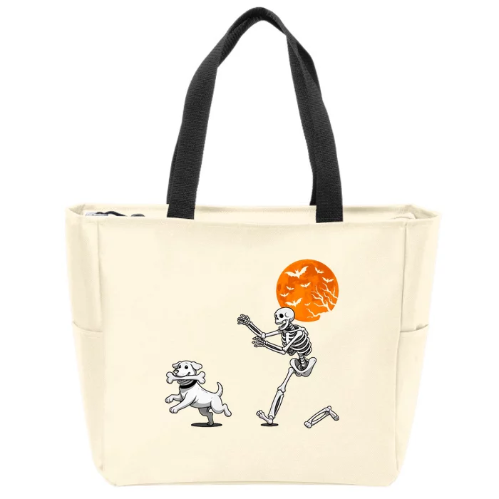 Funny Spooky Humor Halloween Skeleton Chasing Dog Zip Tote Bag