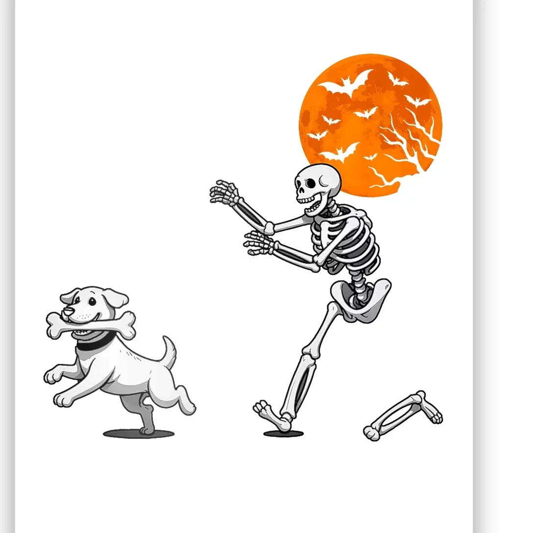 Funny Spooky Humor Halloween Skeleton Chasing Dog Poster