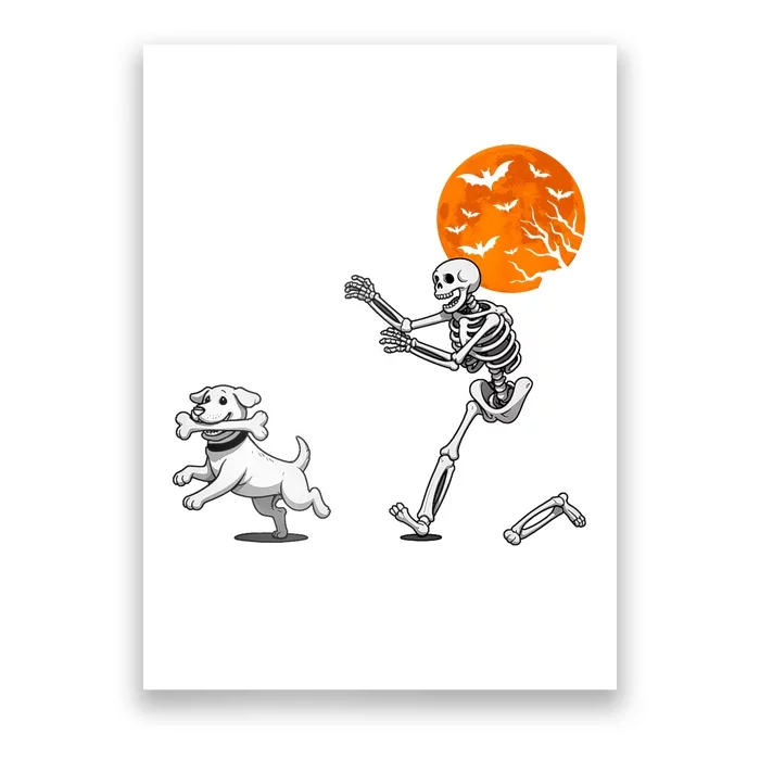 Funny Spooky Humor Halloween Skeleton Chasing Dog Poster