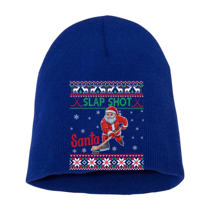 Funny Santa Hockey Christmas Gift Santa Ugly Sweater Gift Short Acrylic Beanie