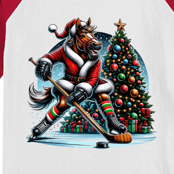 Funny Santa Horse Playing Hockey Christmas Gift Kids Colorblock Raglan Jersey