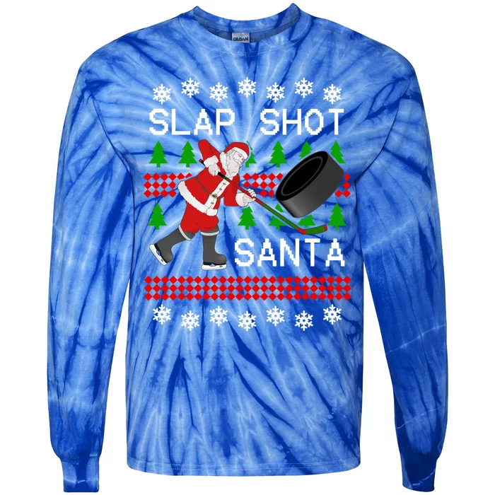 Funny Santa Hockey Christmas Slap Shot Hockey Santa Great Gift Tie-Dye Long Sleeve Shirt