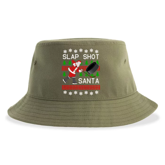 Funny Santa Hockey Christmas Slap Shot Hockey Santa Great Gift Sustainable Bucket Hat