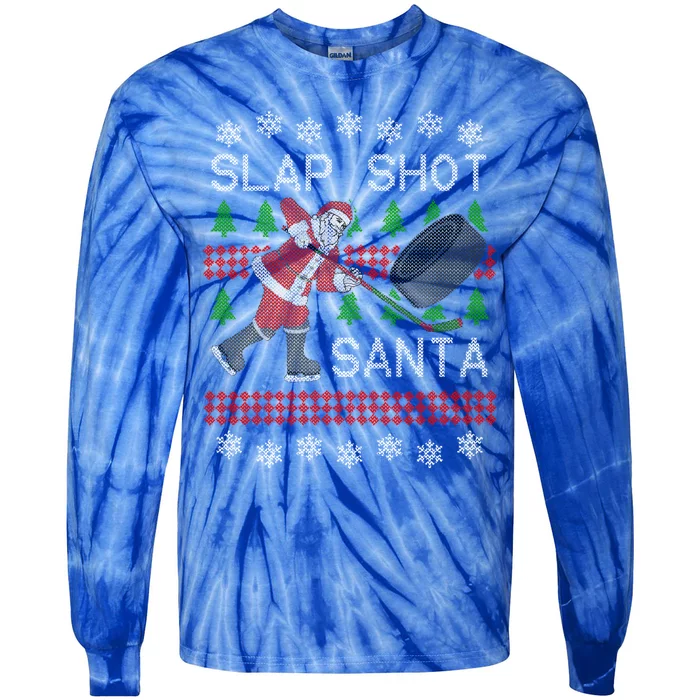 Funny Santa Hockey Puck Ugly Christmas Slap Shot Santa Gift Tie-Dye Long Sleeve Shirt