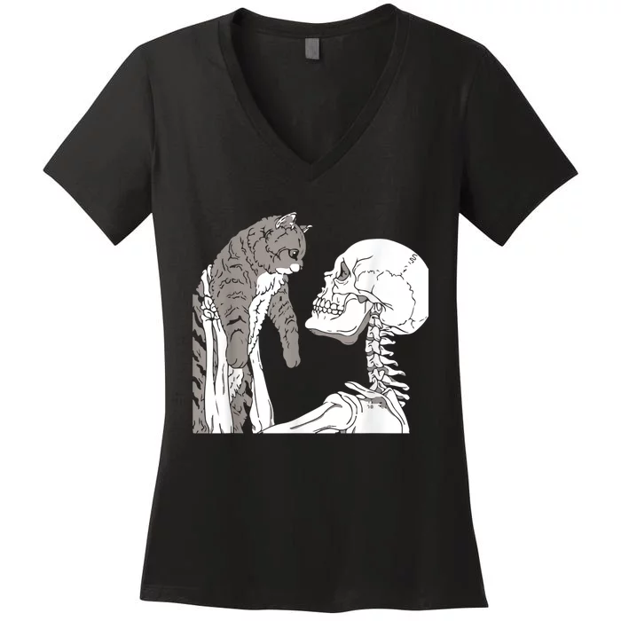 Funny Skeleton Holding A Cat Shirt Lazy Halloween Costume Skull Women's V-Neck T-Shirt