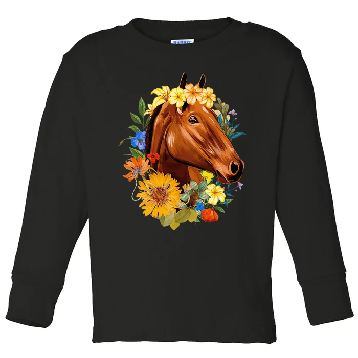 Floral Spring Horses Animal Horse Rider Equestrian Lover Toddler Long Sleeve Shirt