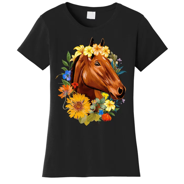 Floral Spring Horses Animal Horse Rider Equestrian Lover Women's T-Shirt