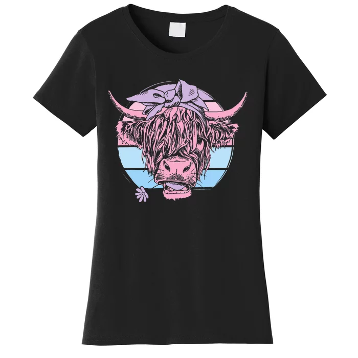 Flowers Scottish Highland Cow Cattle Hairy Cow Women's T-Shirt