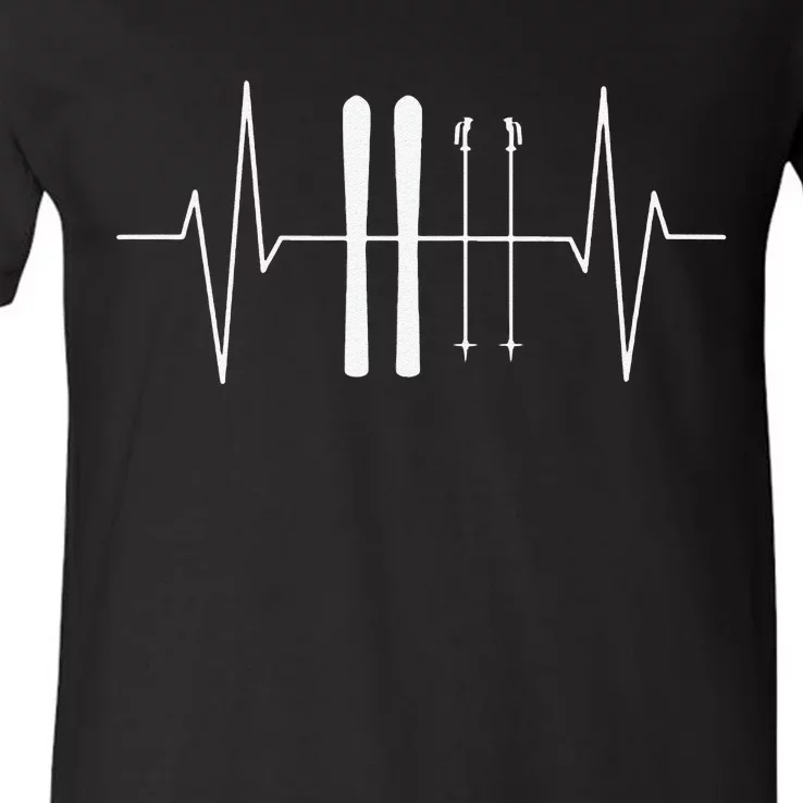 Funny Ski Heartbeat Skier Skiing Gift For Skier V-Neck T-Shirt