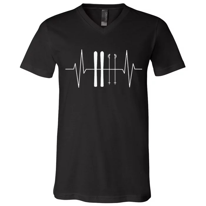 Funny Ski Heartbeat Skier Skiing Gift For Skier V-Neck T-Shirt