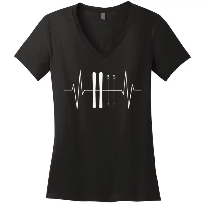 Funny Ski Heartbeat Skier Skiing Gift For Skier Women's V-Neck T-Shirt