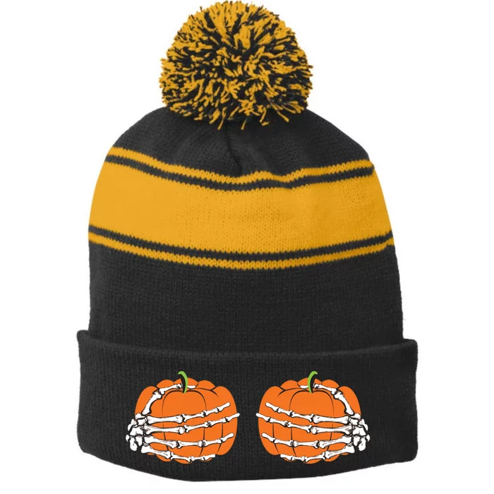 Funny Skeleton Hands Pumpkin Boobs Stripe Pom Pom Beanie