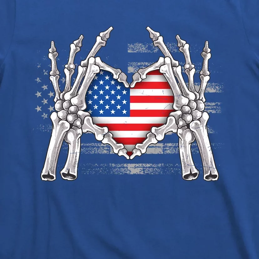 Funny Skeleton Hands With American Flag Heart 4Th Of July Cool Gift T-Shirt