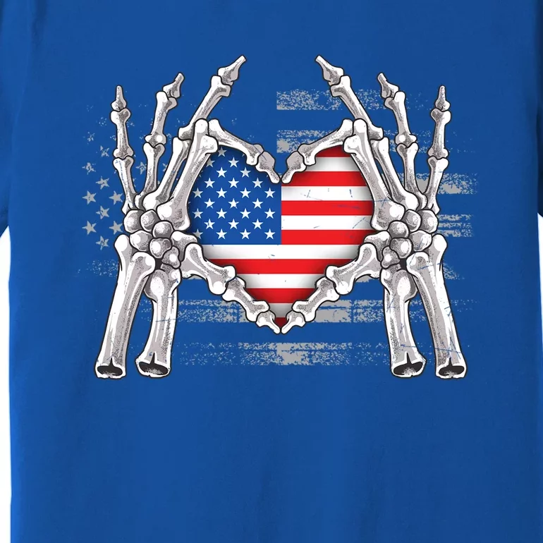 Funny Skeleton Hands With American Flag Heart 4Th Of July Cool Gift Premium T-Shirt