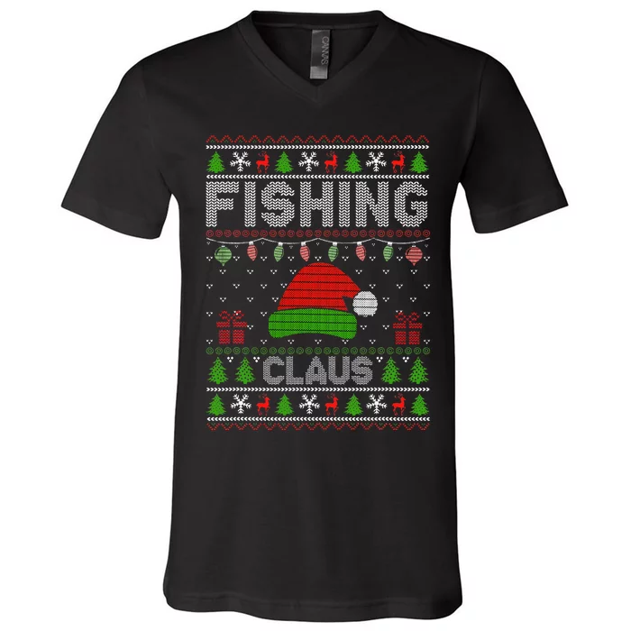 Festive Santa Hat Christmas Light Fishing Claus for Ugly Xmas V-Neck T-Shirt