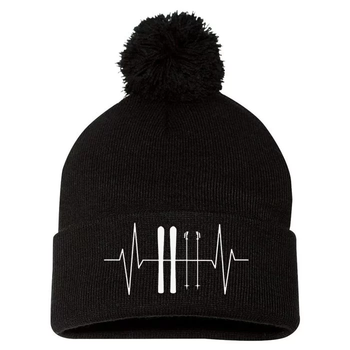 Funny Ski Heartbeat Skier Skiing Gift For Skier Pom Pom 12in Knit Beanie