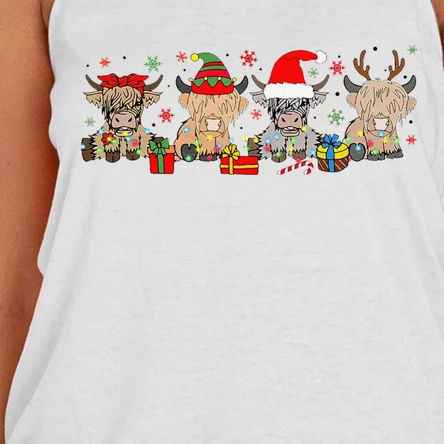 Funny Scottish Highland Cow Christmas Tree Cow Lover Xmas Women's Knotted Racerback Tank