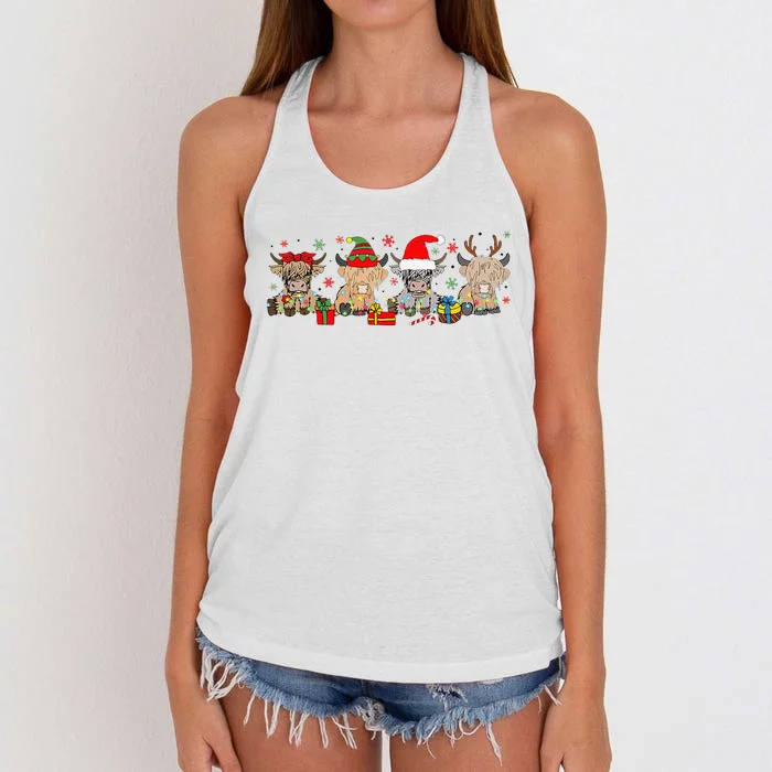 Funny Scottish Highland Cow Christmas Tree Cow Lover Xmas Women's Knotted Racerback Tank