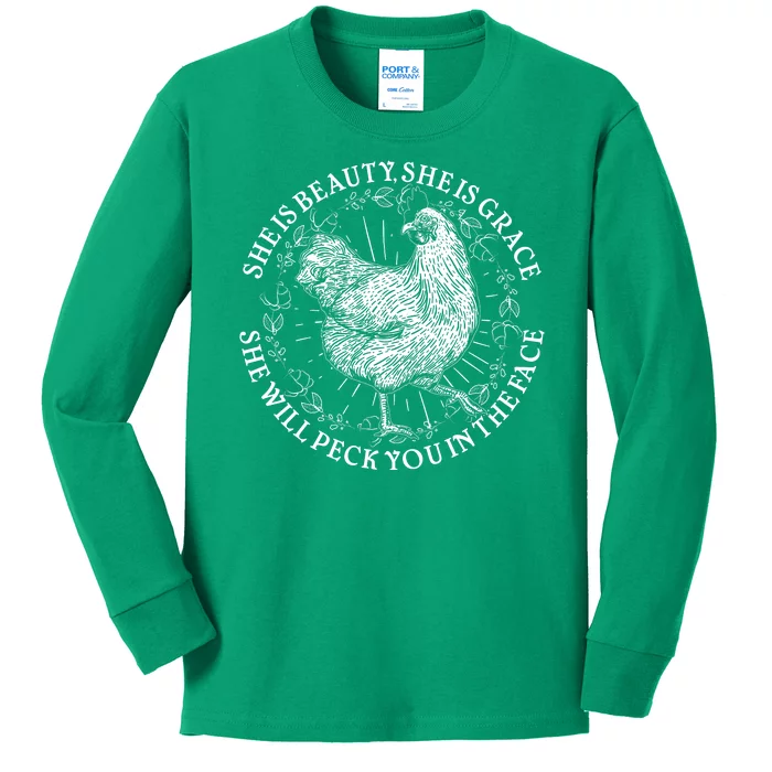 Funny She Is Beauty She Is Grace Vintage Hen Chicken Kids Long Sleeve Shirt