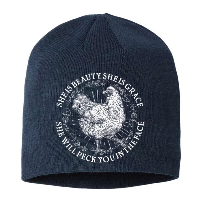 Funny She Is Beauty She Is Grace Vintage Hen Chicken 8 1/2in Sustainable Knit Beanie