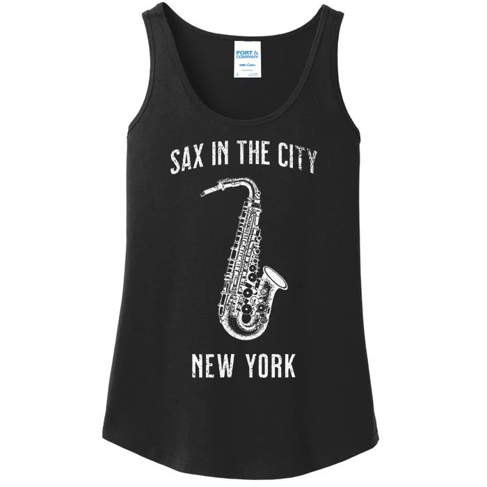 Funny Sax In The City New York Jazz Music Sax Player Design Ladies Essential Tank