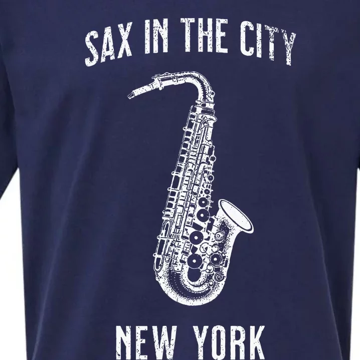 Funny Sax In The City New York Jazz Music Sax Player Design Sueded Cloud Jersey T-Shirt