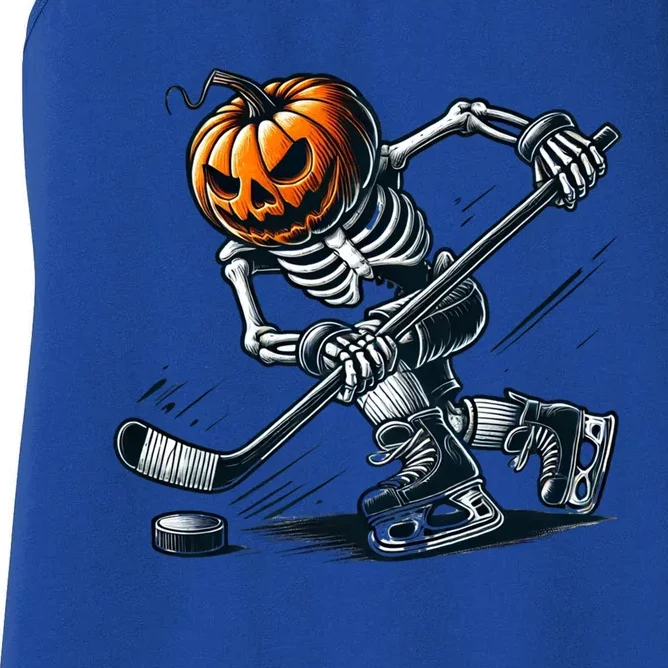 Funny Skeleton Ice Hockey Halloween Pumpkin Hockey Cute Gift Women's Racerback Tank