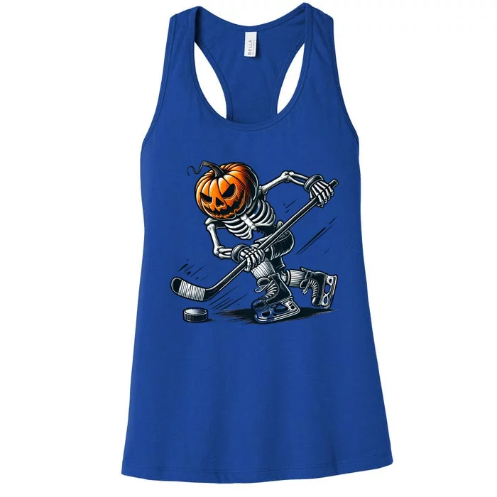 Funny Skeleton Ice Hockey Halloween Pumpkin Hockey Cute Gift Women's Racerback Tank