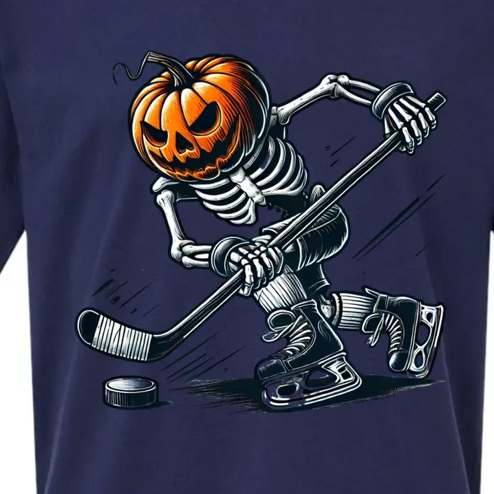 Funny Skeleton Ice Hockey Halloween Pumpkin Hockey Cute Gift Sueded Cloud Jersey T-Shirt