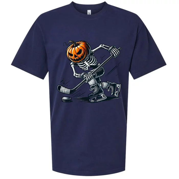 Funny Skeleton Ice Hockey Halloween Pumpkin Hockey Cute Gift Sueded Cloud Jersey T-Shirt