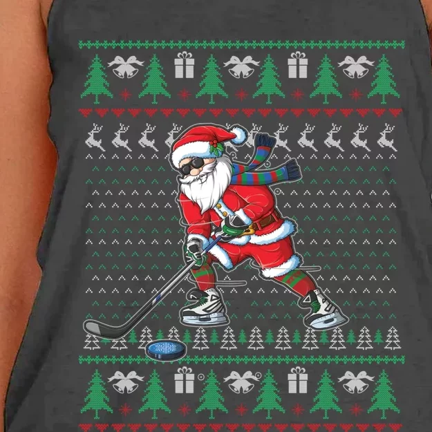 Funny Santa Ice Hockey Player Ugly Sweater Christmas Hockey Gift Women's Knotted Racerback Tank