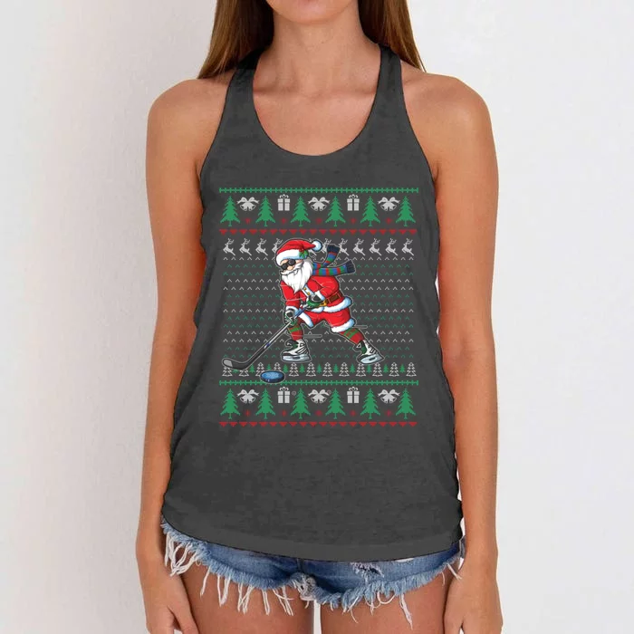 Funny Santa Ice Hockey Player Ugly Sweater Christmas Hockey Gift Women's Knotted Racerback Tank