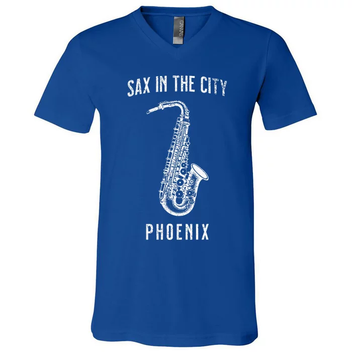 Funny Sax In The City Phoenix Jazz Music Sax Player Design V-Neck T-Shirt